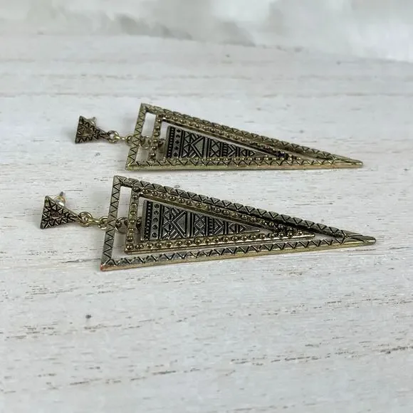 Gold Tone Tiered Triangle Cairo Dangle Earrings Black Geo Geometric Boho Jewelry - Picture 4 of 16